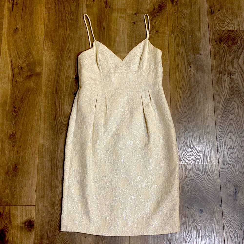 BCBG cream and silver brocade formal cocktail dress